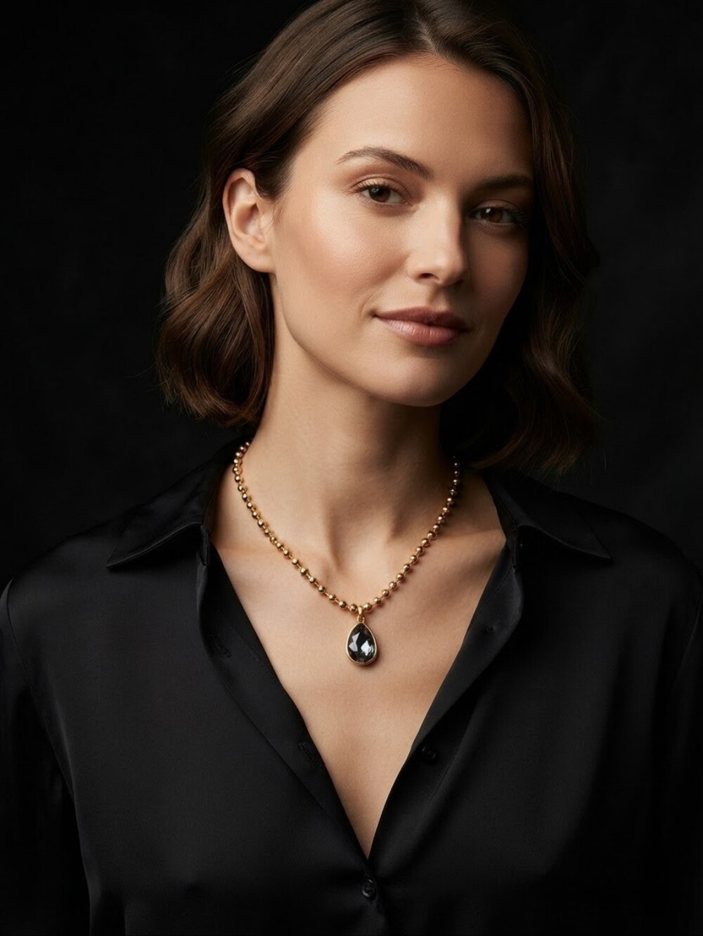 Gold Beaded Necklace with Black Teardrop Pendant